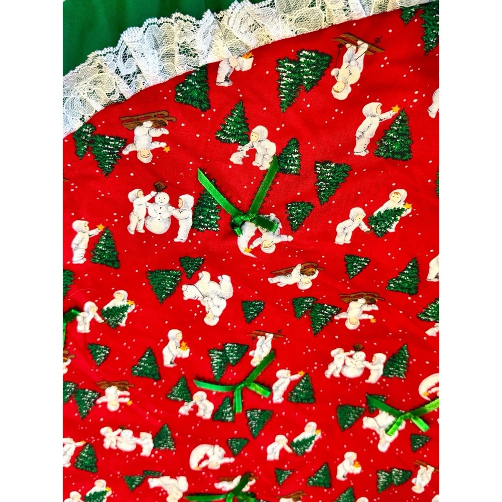 Handmade Quilted Snowbabies Christmas Tree Skirt 45" Cottagecore Vtg Ruffle